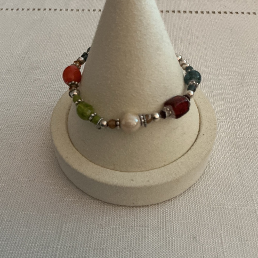 Multi Colored Glass Beaded Silver Tone Toggle Bracelet